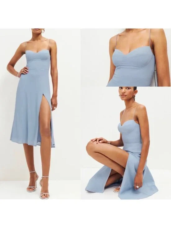 Reformation Juliette Dress Mineral Blue Sz 8 Spaghetti Strap Ties Midi Side Slit - Picture 8 of 8